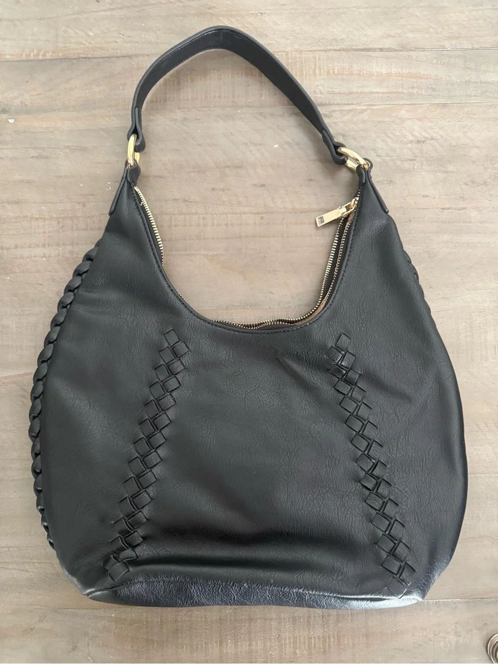 Moda Luxe Black Woven Whipstitch Hobo Shoulder Bag Gold Tone